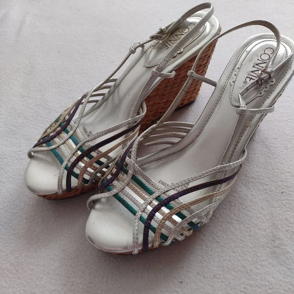 Connie Metallic Strappy Slingback Wedge 8.5 M Silver Straw Sandals - Picture 4 of 11